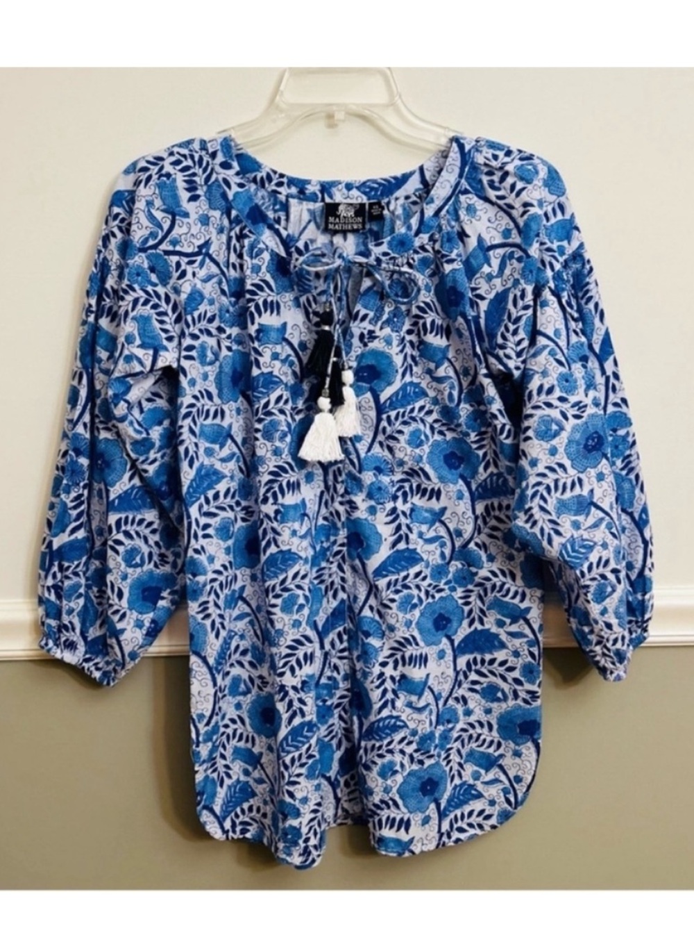 Madison Mathews Blue White Floral Peasant Blouse Tassel Tie Boho Top Size XS NWT